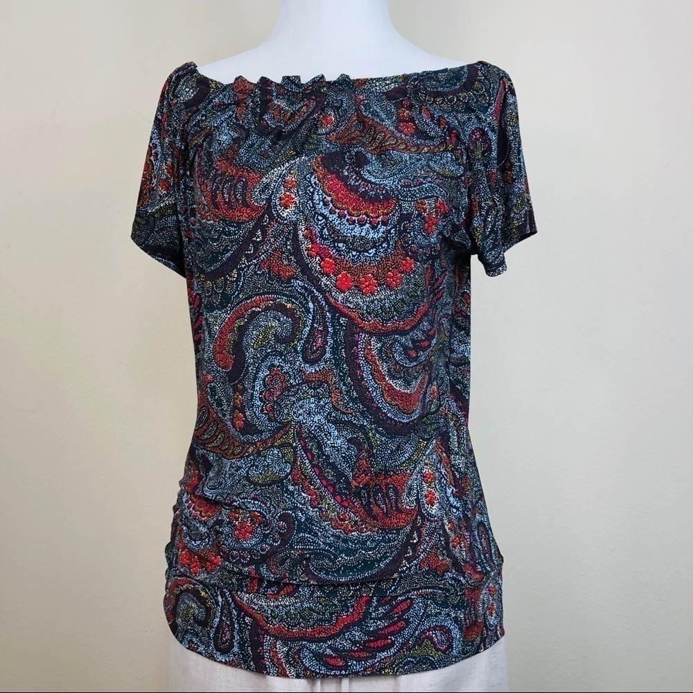 Outback Red Paisley Scoop Pleated Neckline Blouse